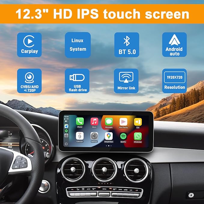 12.3 Inch Linux Car Touch Display Screen for Mercedes Benz 2016-2019 C A CLA GLA GLC Class W205 W176 C117 X156 X253 NTG5.0, Support iOS 26 CarPlay Android Auto Calls Using OEM Bluetooth