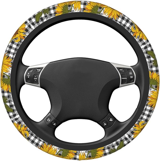 Checkered Sunflowers Steering Wheel Cover Women Men Elastic Stretch Soft Car Wheel Protector Universal Breathable No-Slip Car Accessories for Truck Van SUV Auto Fit 14-15 Inches