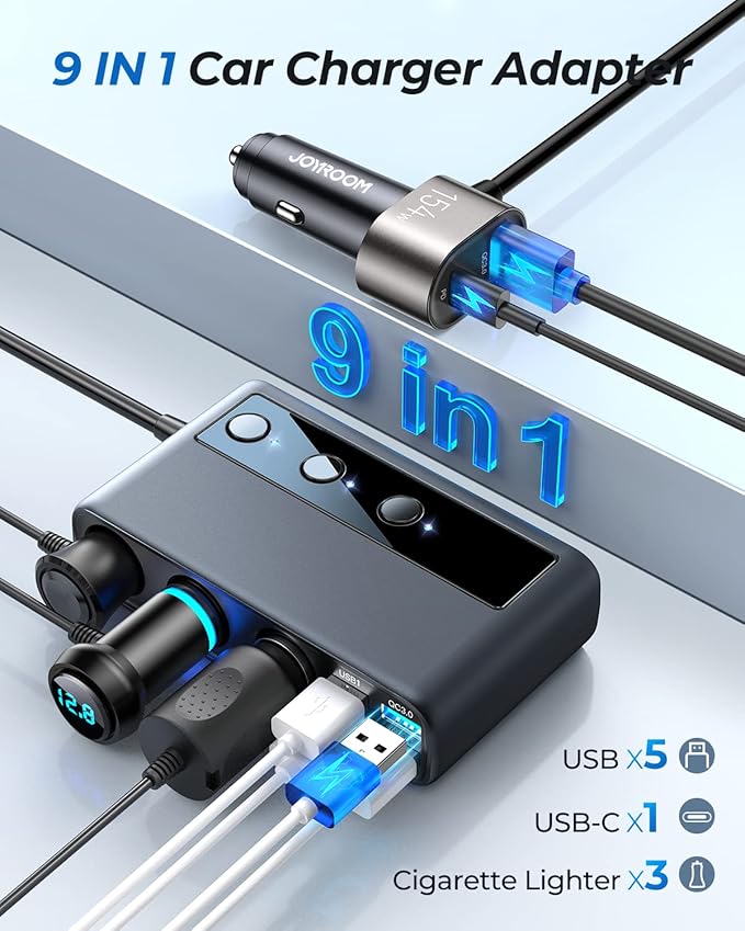 9 in 1 Cigarette Lighter Splitter, JOYROOM 210W Cigarette Lighter Adapter with PD/QC 3.0 * 2 Charge(3.3FT Cable), 12V/24V Independent Switches DC Cigarette Outlet Car Charger for All Car Devices