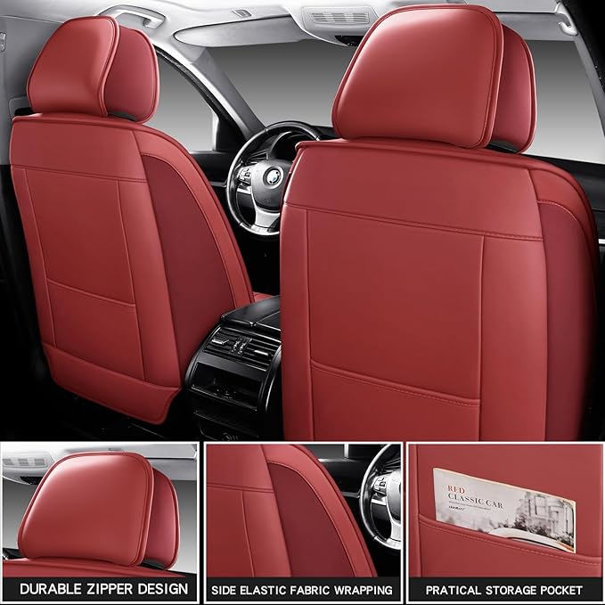 Leather Car Seat Covers,Car Seat Covers Full Set,Automotive Seat Covers 6 Seats,Fit for Most Cars SUV and Most Sedans Red