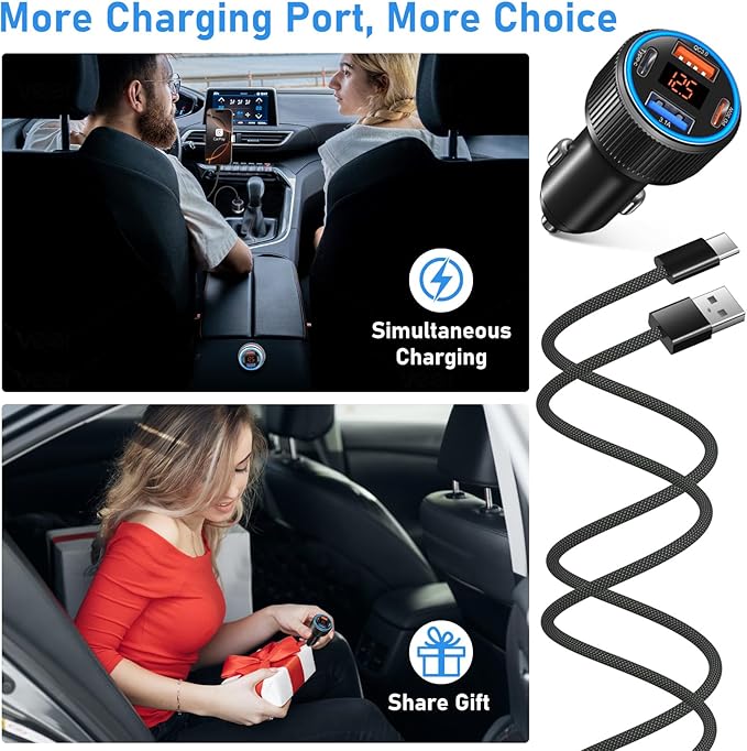 65W Dual USB C & USB A Car Charger Multi Port Cigarette Lighter Adapter with Voltmeter QC+PD 3.0 Fast Charging with 2 Pack Type C Cords