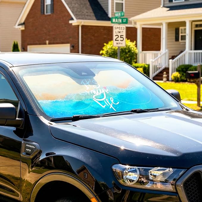 63"x28.5" Car Windshield Sun Shade with Storage Pouch, Stylish Printed Front Window Sunshade with Double Ring Frame, Universal Fit Foldable Heat Blocker & UV Protector for SUV, Sedan (Beach)