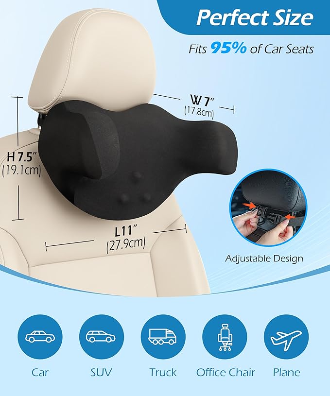 Car Neck Pillow: 2 Pack Ergonomic Memory Foam Headrest Pillow for Driving, Adjustable Neck Support Cushion for Pain Relief, Head Rest Pillows for Car Seat, Truck - Black