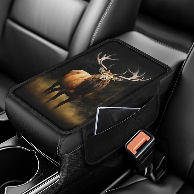 Wild Elk Print Car Center Console Cover Waterproof Vehicle Armrest Cover Pad Elastic Armrest Seat Box Cover Protector Car Armrest Cover Cushion with 2 Storage Bags