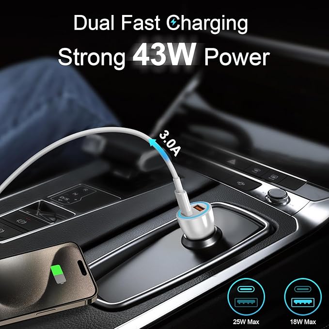 iPhone 17 16 15 Car Charger, [Apple MFi Certified] USB C Car Charger 43W Fast Charging with 3.3 FT Type C to C Cable, USB Car Adapter for iPhone 17/17 Pro/17 Pro Max/Air/16/15
