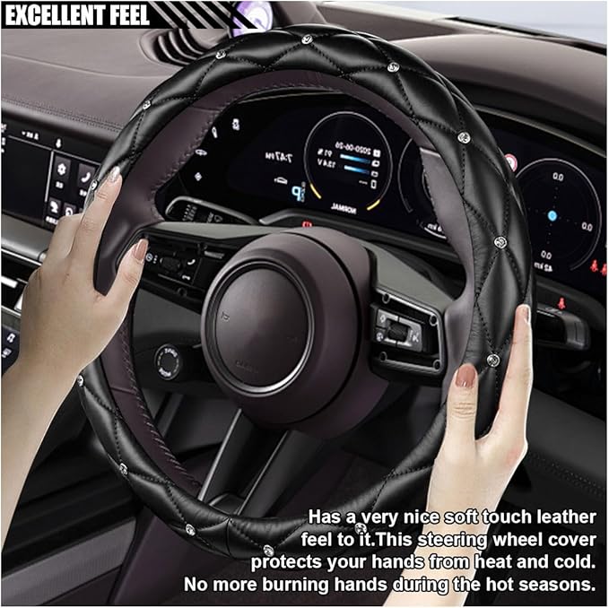 Diamond Soft Leather Bling Steering Wheel Cover, Universal Car Steering Wheel Protector with Crystal Rhinestones, 15 Inch Anti-Slip Interior Accessories for Women, Trucks, SUVs (Black)