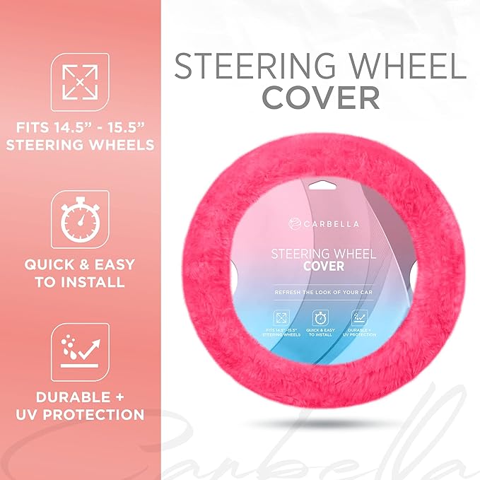 Carbella Aspen Hot Pink Fuzzy Steering Wheel Cover for Women ‚Äì Cute and Stylish Fluffy Fur Steering Wheel Cover for Cars Trucks Vans SUVs, Universal Fit for Wheel Sizes 14.5 to 15.5 inches