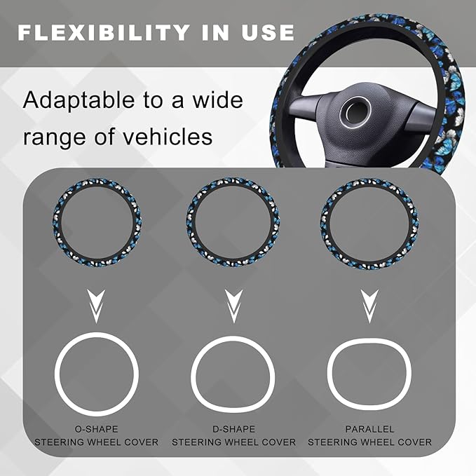 Blue Black Butterfly Steering Wheel Cover, Cute Butterflies Anti-Slip Breathable Car Accessories Interior Elastic Steering Wheel Cover for Men Women Fit Auto, SUV Vans Truck Universal 14.5-15 Inch