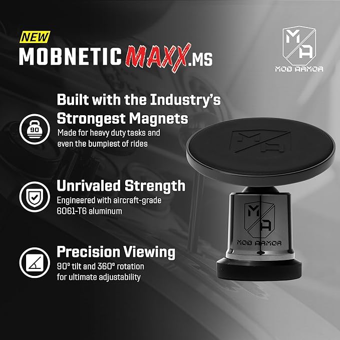 Mob Armor MobNetic Maxx MS - MagSafe Compatible Car Phone Mount w/ 90º Tilt, 360º Rotation & Durable Aluminum Build, Magnetic Holder for iPhone & Android Devices, USA Assembled - Black Chrome
