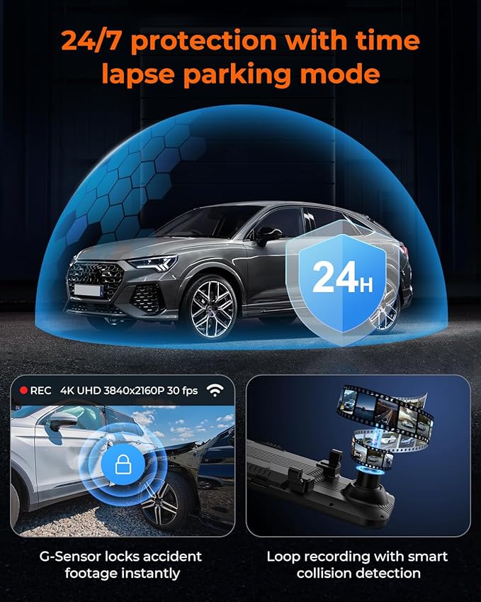 ACUMEN 4K Rear View Mirror Camera,Smart 12" Touch Screen Mirror Dash Cam Front and Rear,Backup Camera for Cars & Trucks with Blind Spot Detection (M4 2CH)