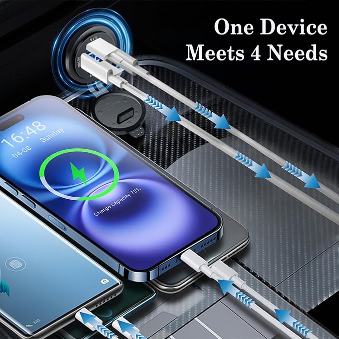 2 Pack 12V USB Outlet 4 Ports Dual USB C PD and Dual Quick Charge 3.0 Car USB Port 12 Volt Car Charger Socket with Voltmeter for Car Boat Marine RV Truck Motorcycle