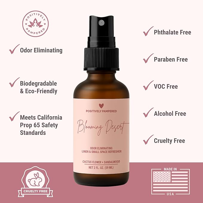 Blooming Desert Luxury Small Space Air & Linen Freshener Spray - Cactus Flower + Sandalwood - Designer-Inspired Home Fragrance - Non Toxic Room Spray + Odor Eliminator - 2 oz Travel Size