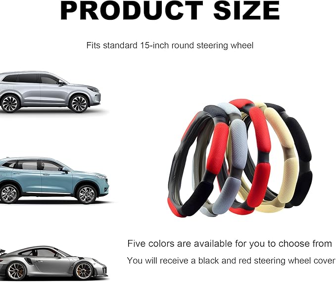 Car Steering Wheel Cover, 15" Breathable Ice Silk Auto Wheel Protector with Comfortable Grip, Anti-Slip Slip-on Steering Wheel Wrap Soft Hand Pad Cushion for Women Men (Black & Red)