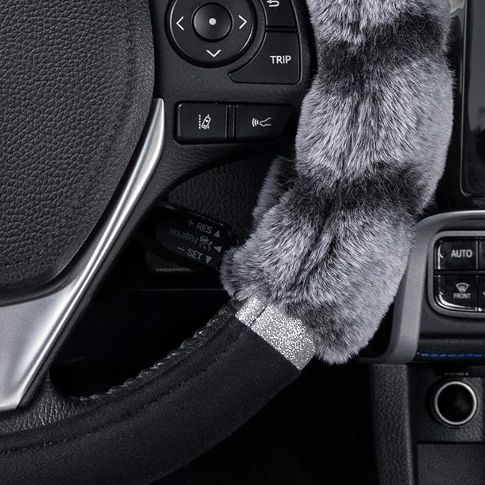 BDK Bear Fur Plush Steering Wheel Cover - Cute Faux Wool Protector for Women Girls Fits Wheels 14.5-15 inch Two Tone Black/Gray - with Glitter