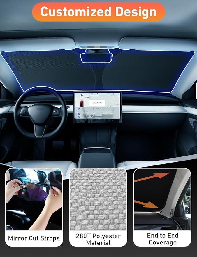 EcoNour Windshield Sun Shade Compatible for Tesla Model 3 & Model Y 2017–2026 | Custom Fit EV Front Window Sunshade | Foldable Heat & UV Reflective Sun Visor