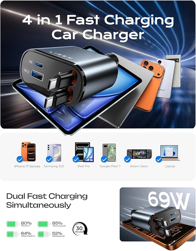 LISEN Retractable Car Charger USB C [Upgraded Dual Type C] 75W Fast 4 in 1 Car Charger for iPhone 17, RV Power Adapters for Men Women Mother, Car Accessories for Galaxy S26 Phone 17 Pro Max 16 15
