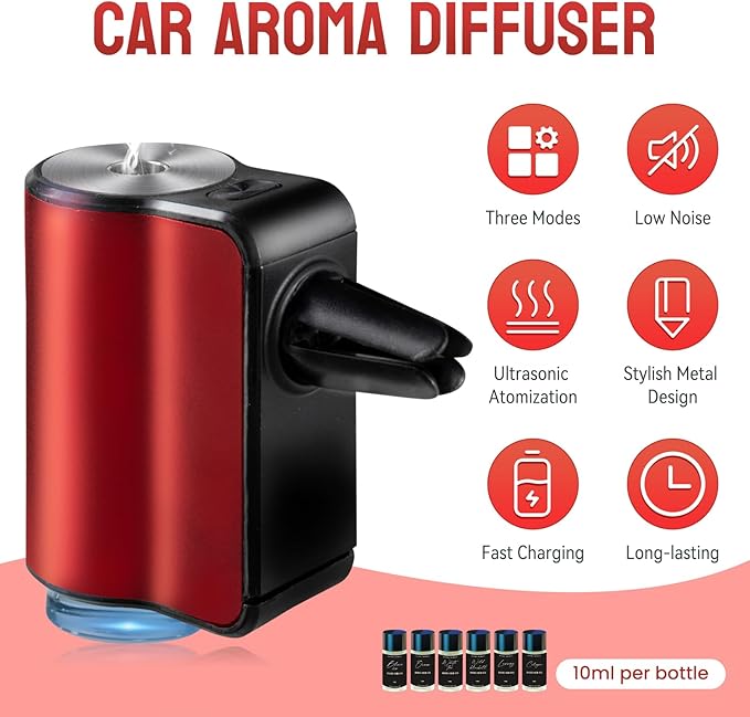 Featwell Car Air Freshener, Three Adjustable Modes Intelligent Aroma Diffuser, Rechargeable Car Diffuser Air Freshener, Red