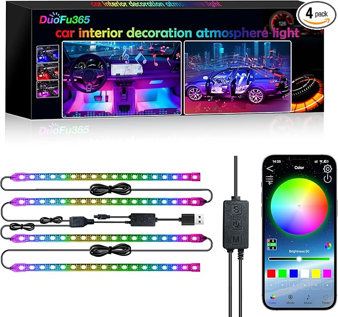 Car Led Interior Lights, RGB Truck Interior Lights with App Control, Under Dash Footwell Automotive Led Light Strip, Car Ambient Lighting for SUV(1set)