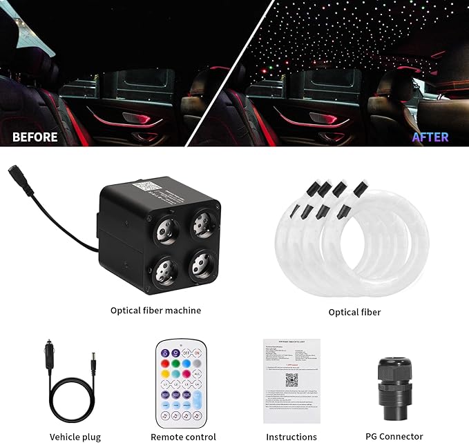 36W 4-Color RGBW Car Starlight Headliner Kit, 800pcs0.03in9.8ft, Twinkle & Sound Activate 4-Port Fiber Optic Light Engine with Bluetooth APP&Remote Control, Star Lights for Car and Home