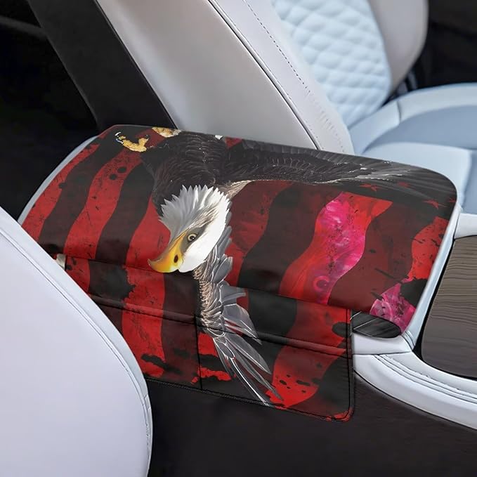 Car Center Console Cover Pad, American Flag Eagle Auto Console Arm Rest Cushion, Car Armrest Seat Box Protector, Car Memory Foam Armrest Pillow for Most Cars