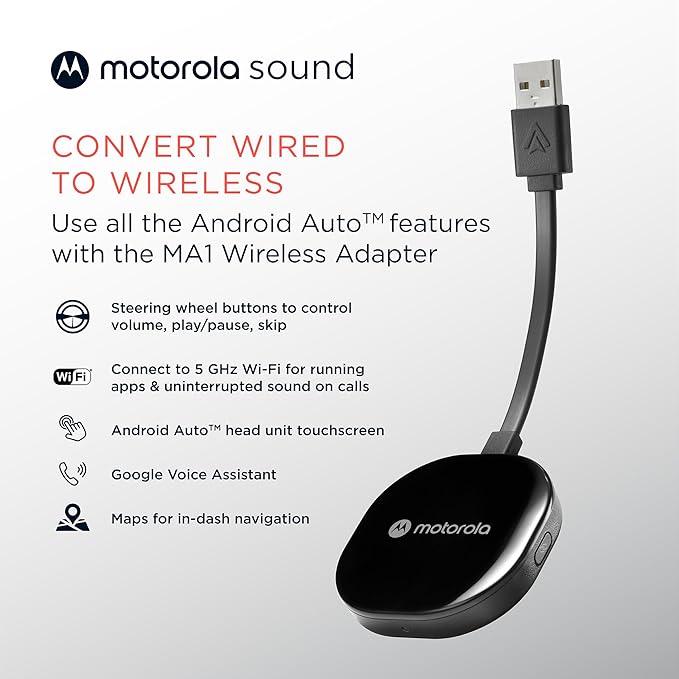 Motorola Sound MA1, the Only Google Authorized Wireless Android Auto Car Adapter, Smartphone to Screen Wireless Bridge Car Accessories, USB Type-A