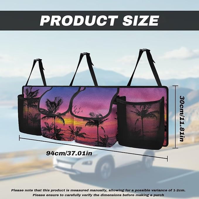 Purple Sunset Palm Hanging Trunk Organizer for SUV Back Seat Organizer with Elastic Net Collapsible Cargo Storage Bag Car Interior Accessories