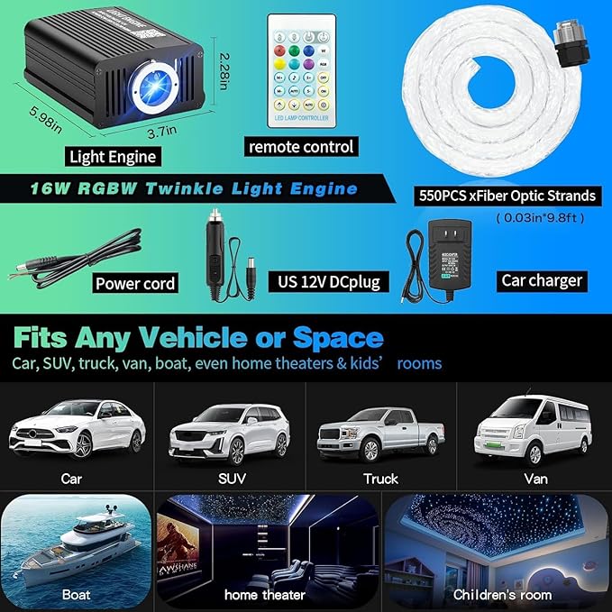 Starlight Headliner Kit 550 Piece Twinkle 0.03in*9.8ft/0.75mm*3m, 16W Starlight Headliner Music/Voice Activated Star Lights for Car, VASTFIRE RGBW Starlights for Theater Game Bed Room Ceiling