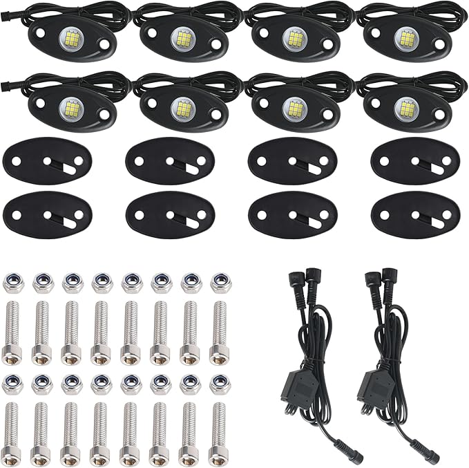 20pods White Rock Lights Dc 12v-80v 6000k Aluminum Alloy Pure White Led Rock Lights with Switch Wiring Harness Kit Ip68 Waterproof for Trucks Pickup Offroad Car SUV Utv ATV Rv Fends Underglow Lights