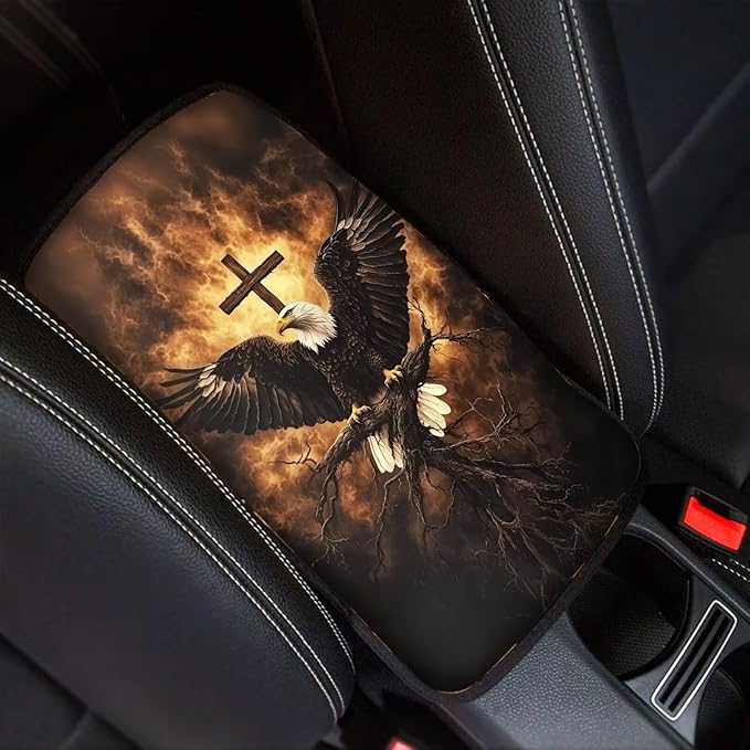 Suobstales Eagle Cross Fire Print Car Armrest Pad Soft Center Console Arm Rest Protector Cover Universal Car Interior Accessories Decoration