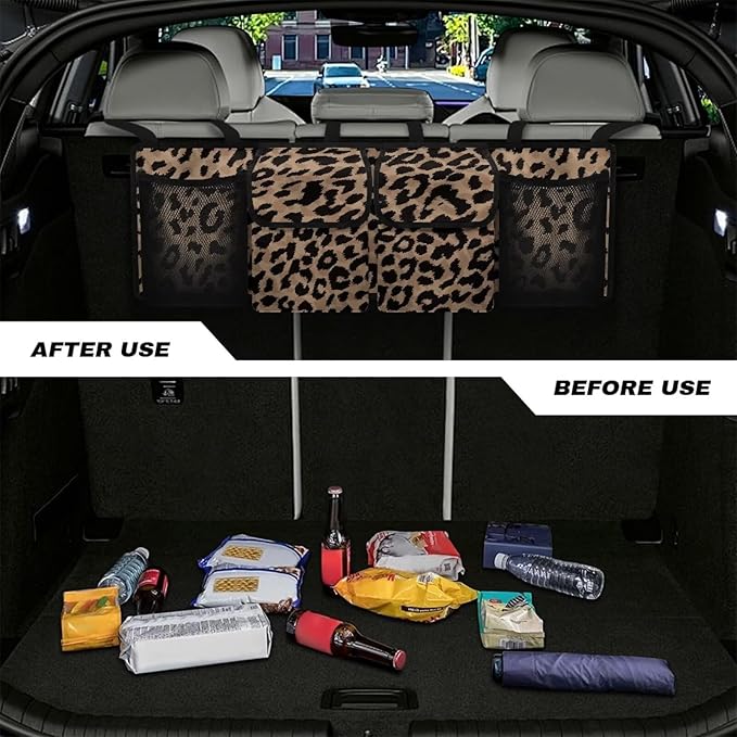Brown Leopard Print Trunk Organizers for Men Hanging Storage Bins, Foldable Backseat Organizer for SUVs & Sedans, Sturdy Car Organization Accessories
