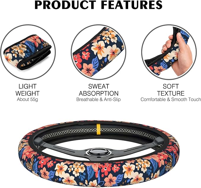 Colorful Small Flowers Car Steering Wheel Cover, Non-Slip Absorbing Sweat Car Wheel Cover Accessories for Men Women,Universal 15" Fit Auto SUV Vans Trucks