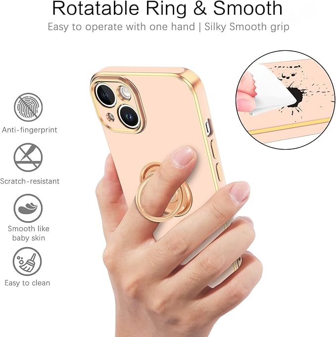 VENINGO Compatible with iPhone 14 Case, Slim Fit Soft 360° Ring Holder Kickstand Magnetic Car Mount Supported Easy Clean Shockproof Protective Phone Cover for iPhone 14 6.1" 2022, Pink/Golden