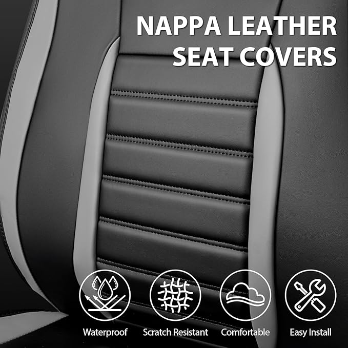 CAR PASS Nappa Leather Car Seat Covers Full Set, Luxury Seat Protector for Cars, Waterproof Anti-Slip Seat Cushion Armrest Compatible Airbag Universal for Sedan SUV Pick-up Truck Auto, Black Gray