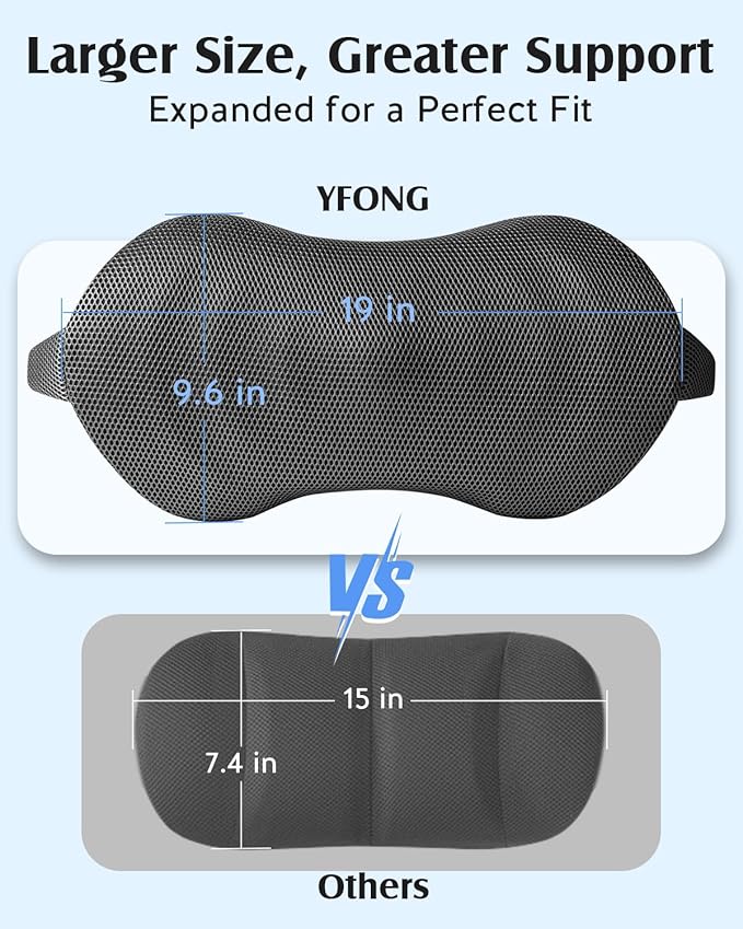 YFONG Lumbar Support Pillow for Car & Office Chair, Memory Foam Back Cushion with Adjustable Straps Non-Slip, Firm Support for Lower Back Pain Relief, Grey