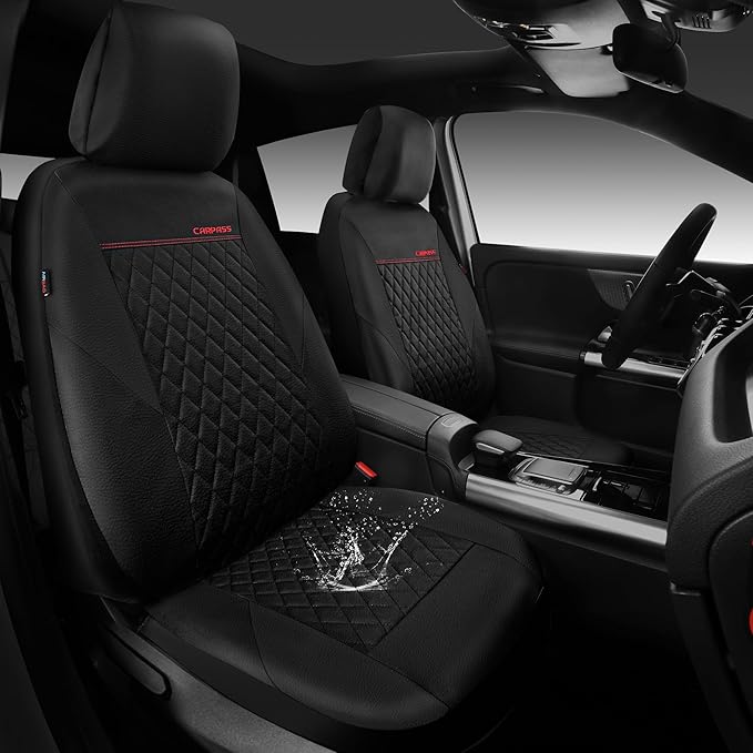 CAR PASS Quilting Faux Leather Seat Covers Full Set, Waterproof Deluxe Premium Seat Cover with 5mm Composite Sponge Inside, Airbag Compatible Auto Seat Cover Universal Fit for 95% Sedan SUV Van, Black
