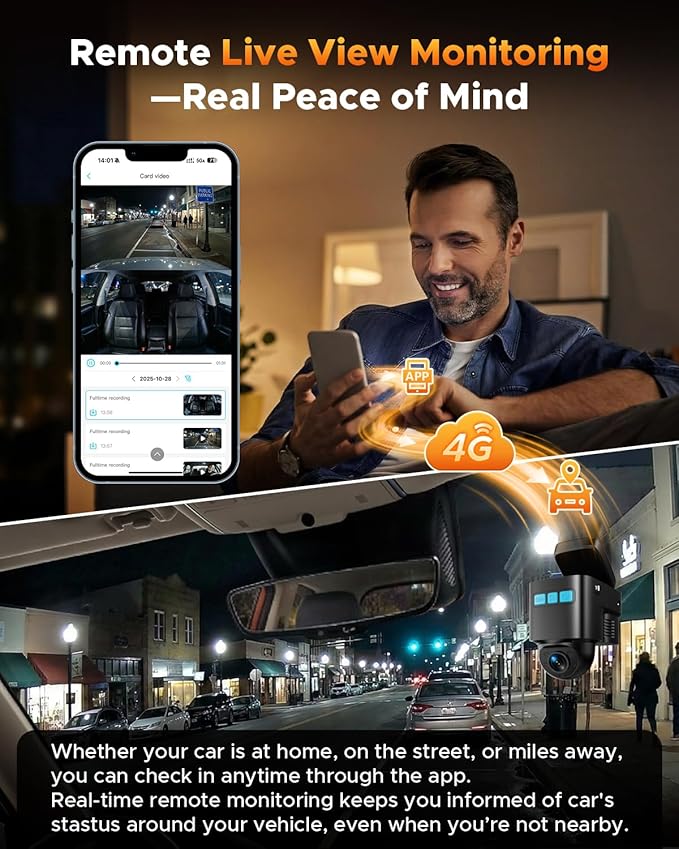 Volam 4G LTE Cellular Dash Cam with Live Streaming & GPS Tracking - Dual Car Security Camera with Remote Live View,Cloud Storage,AI Motion Detection,Sentry Mode, Anti-Theft Protection for Vandalism