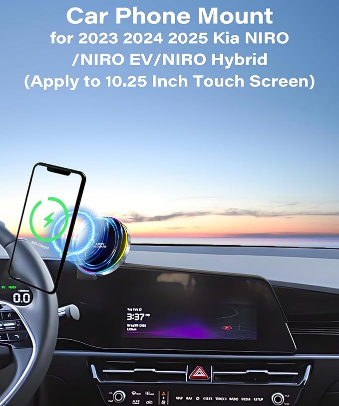 Car Phone Holder for Kia NIRO/NIRO EV/NIRO Hybrid 2023 2024 2025 Accessories 15W Fast Wireless Charger Screen Fixed Clip HandsFree Cell Phone Mount 360° Rotation (10.25 Inch)