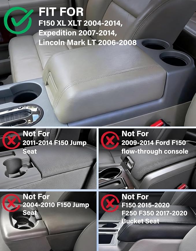 Center Console Cover for F150 XL XLT 2004-2014, Ford Expedition 2007-2017, Lincoln Mark LT 2006-2008, PU Leather Middle Console Cover Armrest Protector, Anti-Scratch, Black
