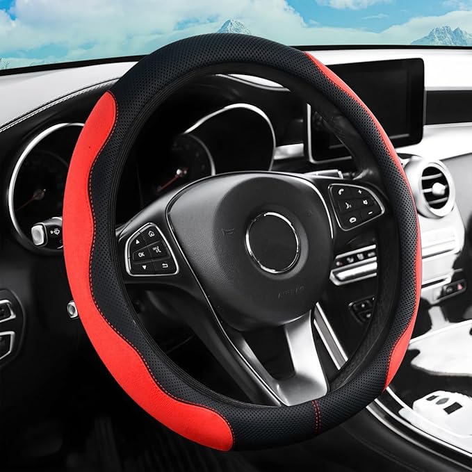zipelo 14.5"-15" Car Steering Wheel Cover, Auto Interior Wheel Protector with Durable Soft Breathable Anti-Slip Linging Leather, Universal for Vehicles Trucks SUVs Accessories for Men Women (Red)
