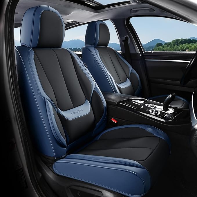 Coverado Seat Covers, Car Seat Covers Front Seats, Leather Seat Covers for Cars, Car Seat Protector Waterproof, Black Car Seat Cushion, Front Carseat Cover Universal Fit for Most Cars Blue