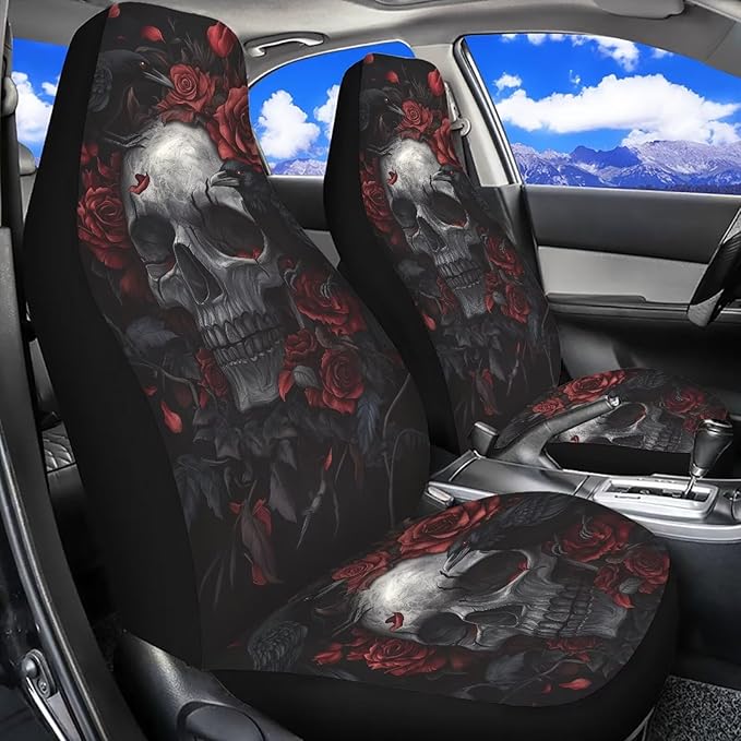 ELEQIN Gothic Raven Skull Car Seat Covers Two Front Only for Car, Automotive Interior Covers, Quick Setup Universal Fit Seat Covers for Car, Truck, SUV