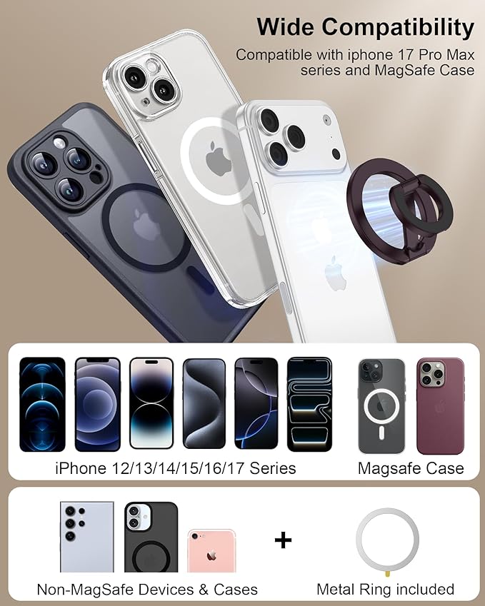 MagSafe Finger Ring Phone Holder with Kickstand, Magnetic Grip Stand for iPhone 17e/17 Pro Max/Air/16e/16 Plus/15/14/13/12 Samsung Galaxy & Pixel, Stick-On for MagSafe Car Mount, Gym & Metal Surfaces