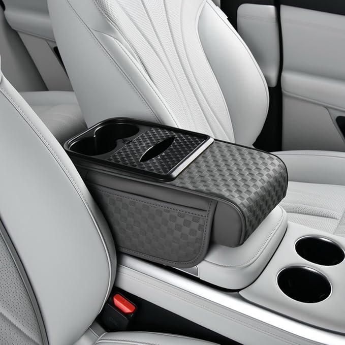 Car Center Console Armrest Pad, Arm Rest Box Cushion with Ergonomic Height Boost, Storage Pockets, Built-in Tissue Box, Cupholder, Fit for Most Sedan Vehicles (Embossing Checkerboard, Grey)