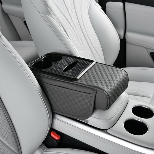 Car Center Console Armrest Pad, Arm Rest Box Cushion with Ergonomic Height Boost, Storage Pockets, Built-in Tissue Box, Cupholder, Fit for Most Sedan Vehicles (Embossing Checkerboard, Grey)