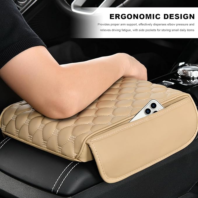 Car Armrest Cushion, Memory Foam Auto Arm Rest Box Protector with 2 Storage Bags, Waterproof Leather Center Console Cover Universal for Most Vehicles, Car Accessories (Beige)