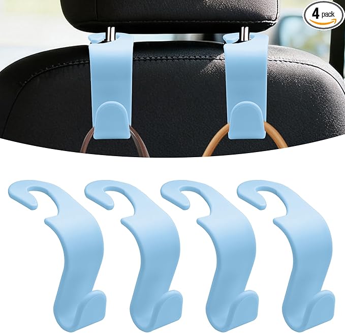 4PCS Car Seat Headrest Hooks, Purse Hook for Car, Auto Back Seat Organizer Storage Hanger Holder, Auto Accessories Multi-Use Portable Headrest Organizer Holder for Purse Handbag Coats (Blue)