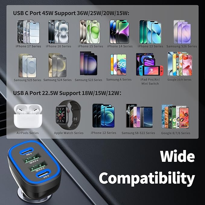 90W 4 in 1 USB C Super Fast Car Charger for iPhone 17 Pro Max/Air/16/15/iPad, Samsung S26, Pixel Android Phone, Dual 45W Type C & QC3.0, 12V Multi Port Cigarette Lighter Adapter + 2 USBC Cord 3.3ft