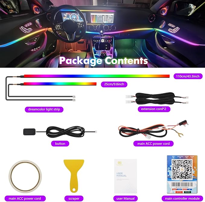 Upgraded Dreamcolor Acrylic Car Interior Lights RGB LED Strip Lights APP Control Zoned Control System 252 Color Modes DIY Fiber Optic Ambient Lighting Kits 2 in 1 Music Car Neon Lights