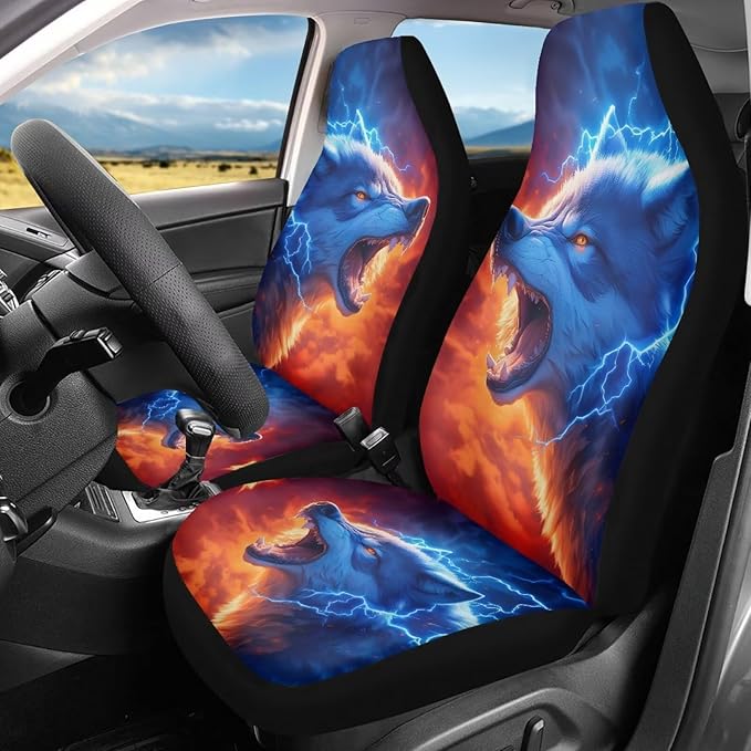 Fashion Wolf Car Front Seat Covers Elastic Fabrics Universal Front Seat Cover Removable Automotive Accessories Easy Installation Suitable for Cars SUV