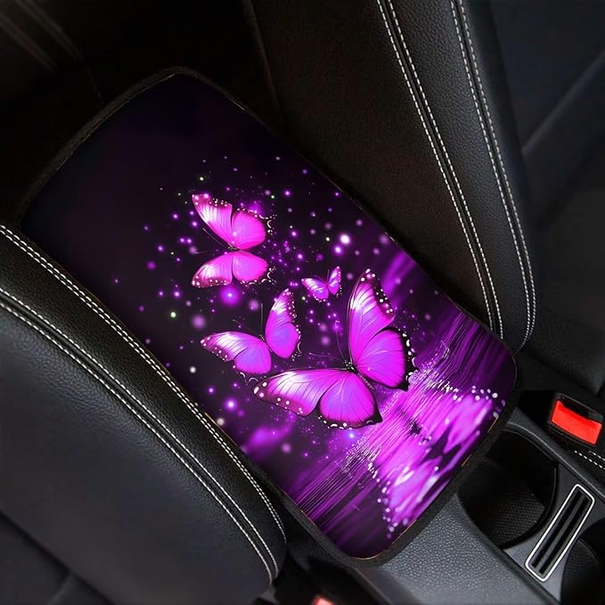 Purple Butterfly Universal Center Console Armrest Soft Pad Protector Cover Armrest Box Protector Non Slip for Pet Dogs Car Interior Decor